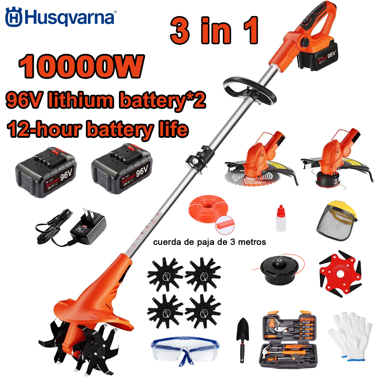 Motosapa electrica 3 in 1 de 10000W (tuns, cultivat, taiere) + baterie 96V * 2 + incarcare rapida + cultivator + cap de cosit + frânghie de cosit 3m * 3 + cositoare * 6, + set complet de accesorii