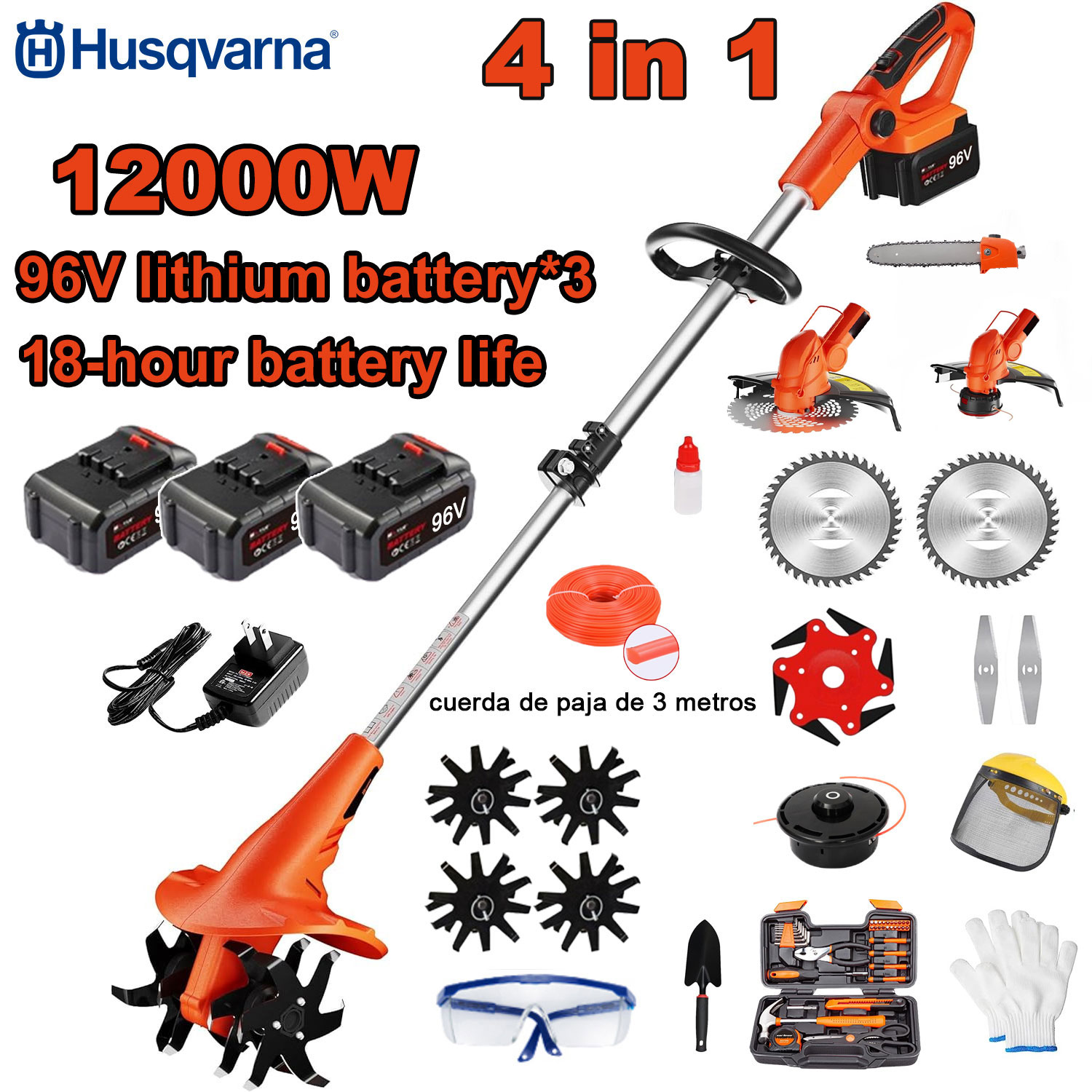 Tăiere electrică 4-în-1 de 12000W (tăiere, tăiere copac, cultivare etc.) baterie 96V*3+încărcător rapid+mașină de cultivat+cap de tăiat+frânghie de tăiat 3M*3+lamă de ferăstrău din aliaj+lamă*6+lamă dreaptă+set complet de accesorii