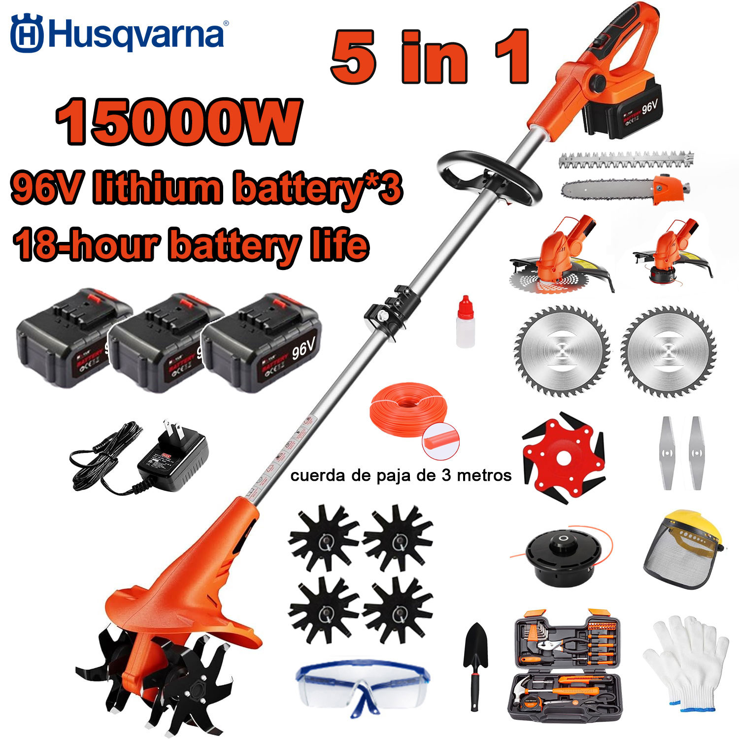 Tăiere electrică 5-în-1 de 15000W (tăieri, tăierea copacilor, cultivat etc.) baterie 96V*3+încărcător rapid+mașină de cultivat+cap de tăiat+frânghie de tăiat 3M*3+lamă de ferăstrău din aliaj+lamă*6+lamă dreaptă+set complet de accesorii