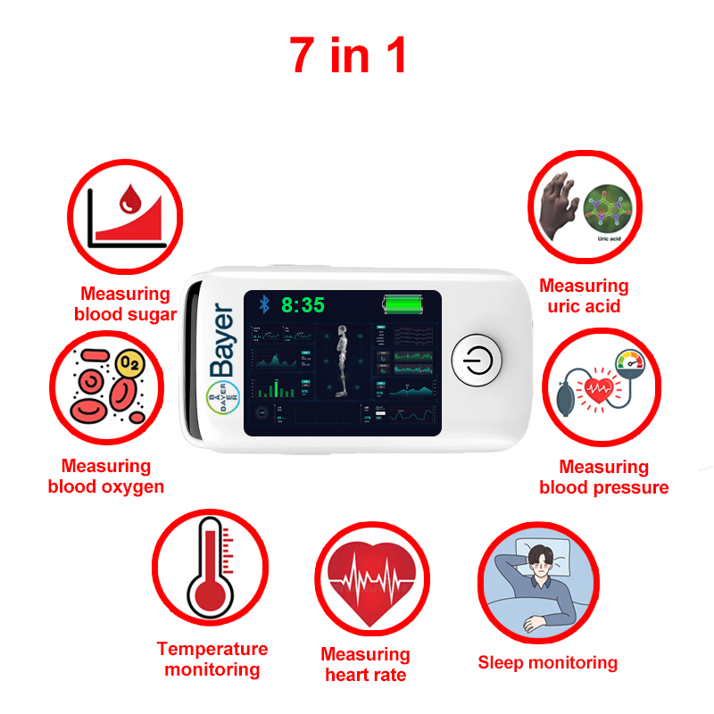 7 în 1 (glucoză din sânge non-invazivă + acid uric + oxigen din sânge + frecvență cardiacă + tensiune arterială + monitorizarea somnului + monitorizarea temperaturii corpului)