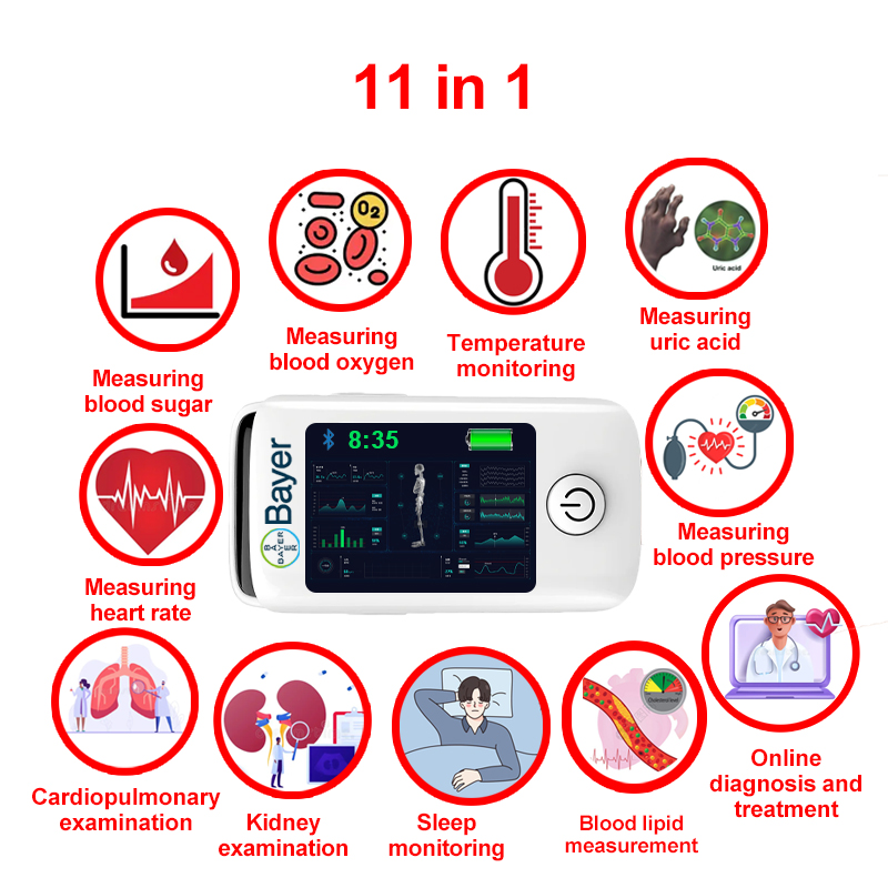 11 în 1 (glicemia neinvazivă + acid uric + oxigen din sânge + frecvența cardiacă + tensiunea arterială + monitorizarea somnului + monitorizarea temperaturii corpului + examen cardiopulmonar + examen renal + măsurarea lipidelor din sânge + diagnostic și tratament electronic)
