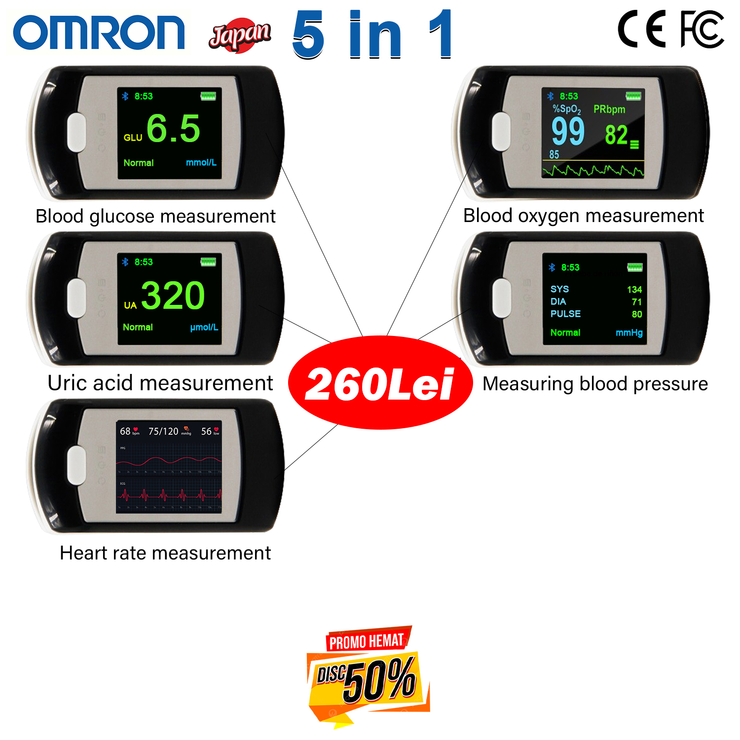 T02 (glicemie neinvazivă + oxigen neinvaziv din sânge + acid uric neinvaziv + frecvență cardiacă neinvazivă + tensiune arterială neinvazivă)