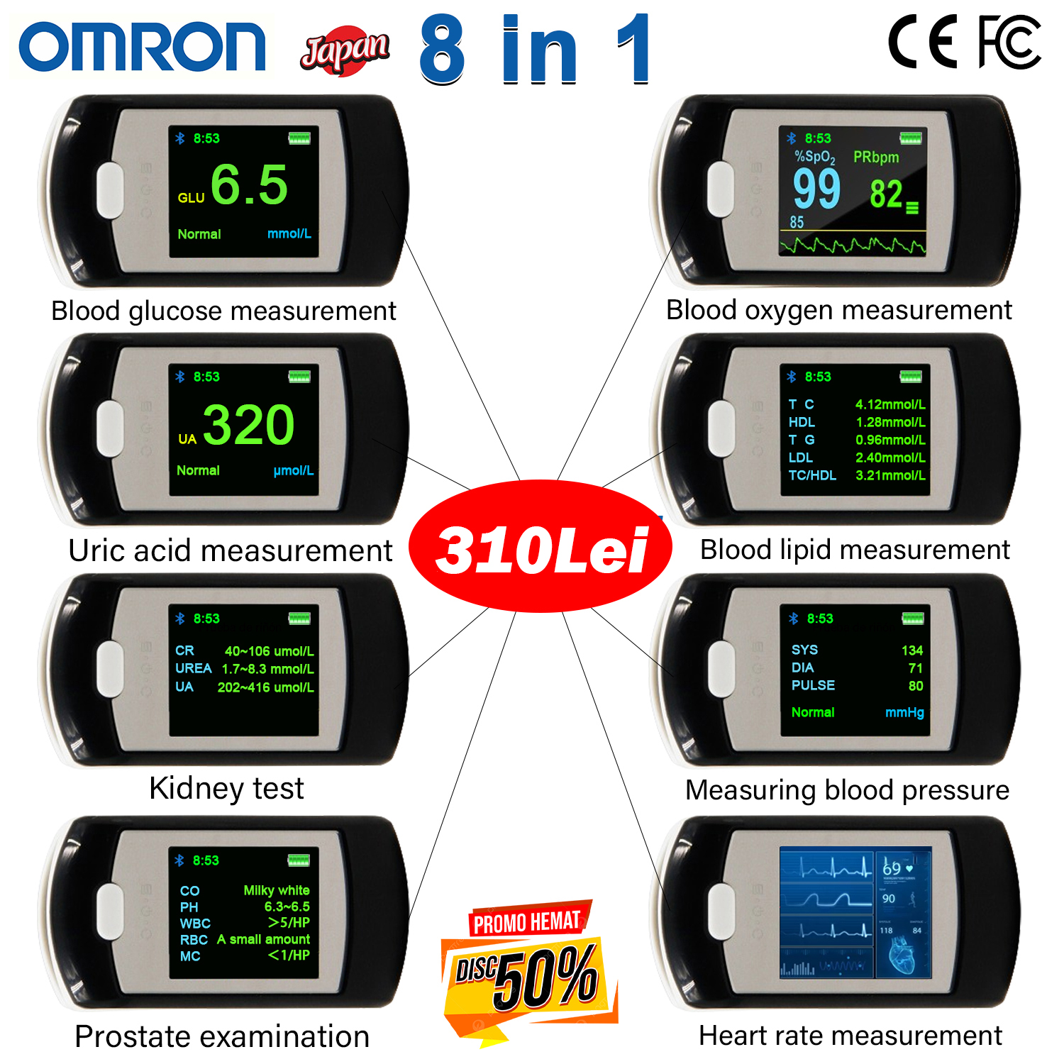 T04 (nivel neinvaziv de zahăr din sânge + oxigen neinvaziv din sânge + acid uric neinvaziv + frecvență cardiacă neinvazivă + tensiune arterială neinvazivă + test cardiopulmonar + test de rinichi + test de prostată + conexiune Bluetooth + conexiune computer)